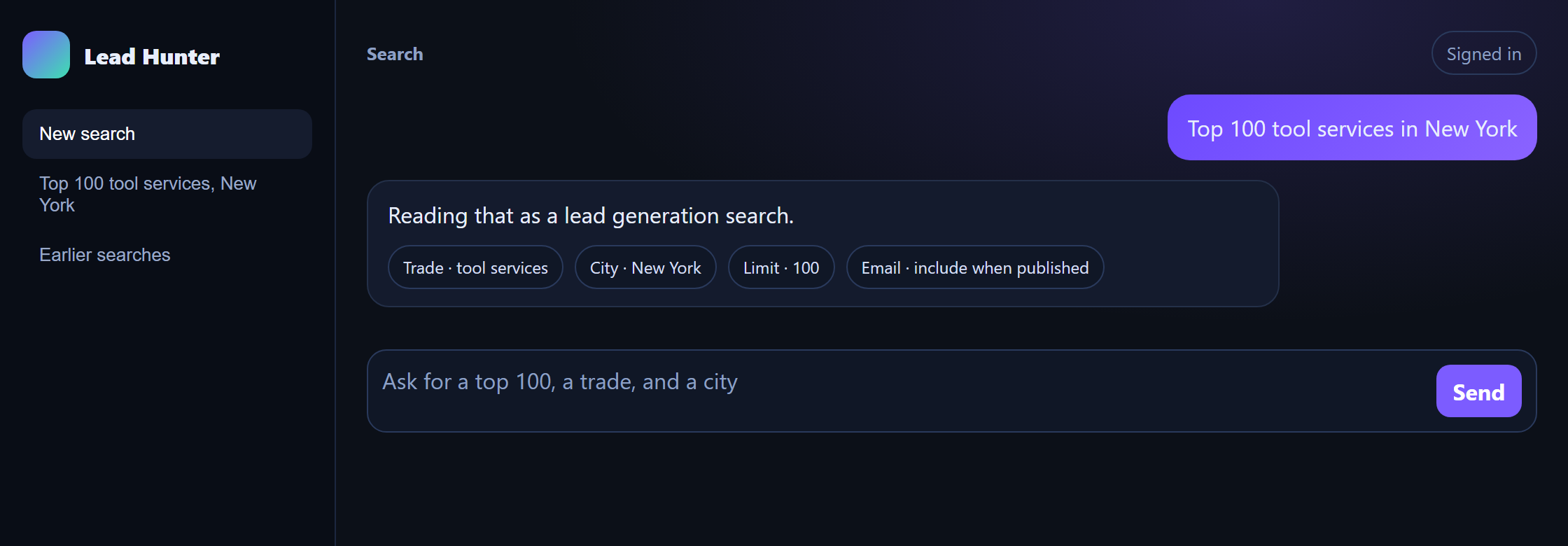 Lead Hunter reading the sentence Top 100 tool services in New York as a lead generation search