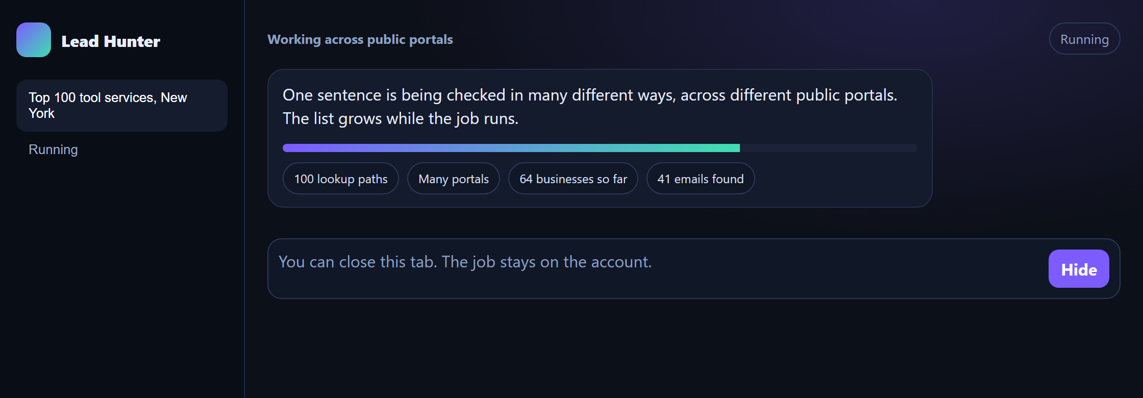 Lead Hunter working across public portals with 100 lookup paths