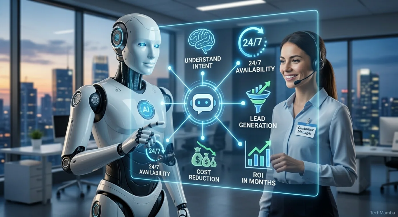 AI chatbot and human customer manager interacting with a digital dashboard showing core business benefits like 24/7 availability, lead generation, cost reduction, and ROI.